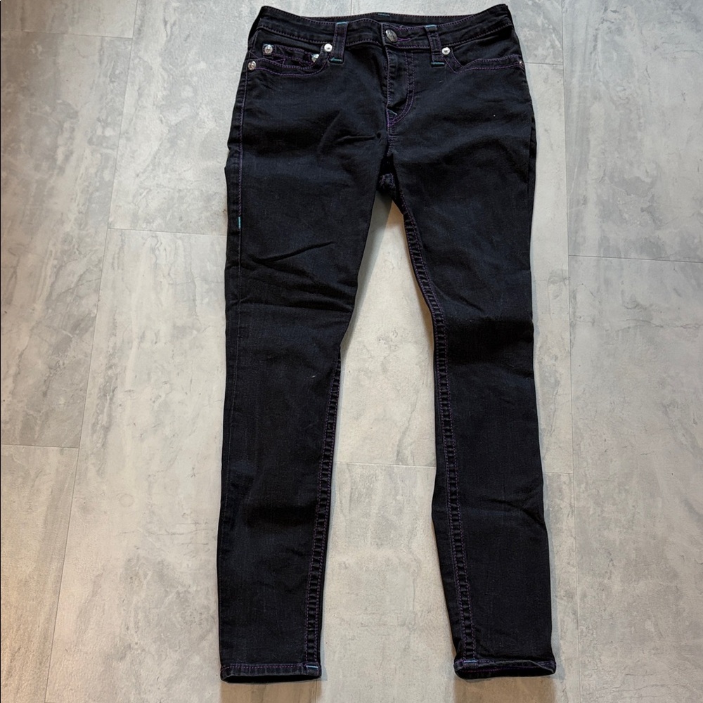 True Religion  Women's Black Jeans / purple & aqua stitching  stretch midrise 30